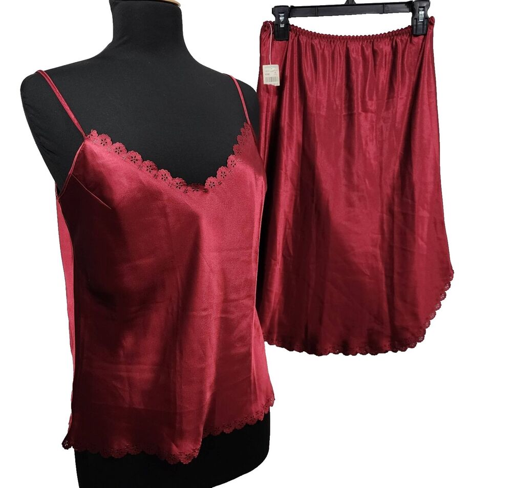 Vintage TJW By Mervyns Camisole Skirt Satin Slip Set Red Wine Eyelet Lace Trim M